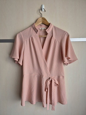 Monteau pink polka dot blouse size L like new