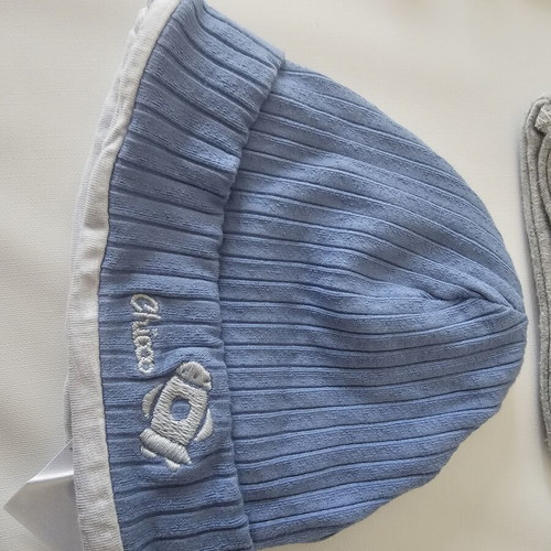 Baby clothing set with velour bodysuit, hats and mittens