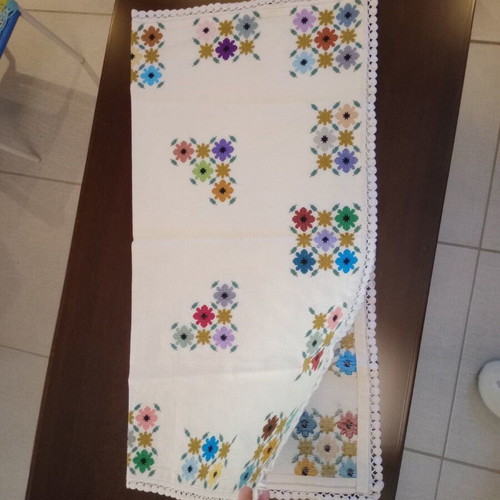 Vintage handmade tablecloth with colorful embroidered flowers like new