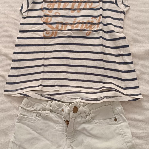Zara white denim shorts and striped L.O.G.G. blouse set used