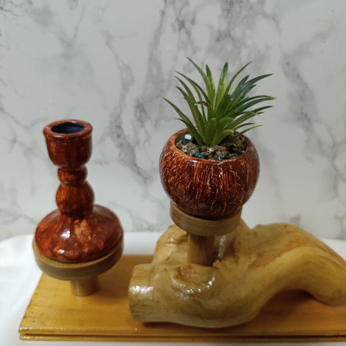 Eco Wood Candle Holder with Mini Succulent Pot new
