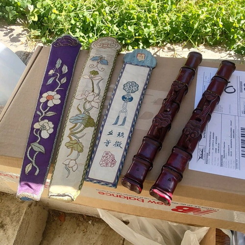 Chinese sticks like new with carved wooden cases and embroidered 19th-century cloths
