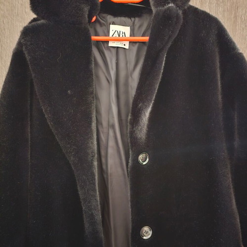 Zara long black eco fur coat like new, size S