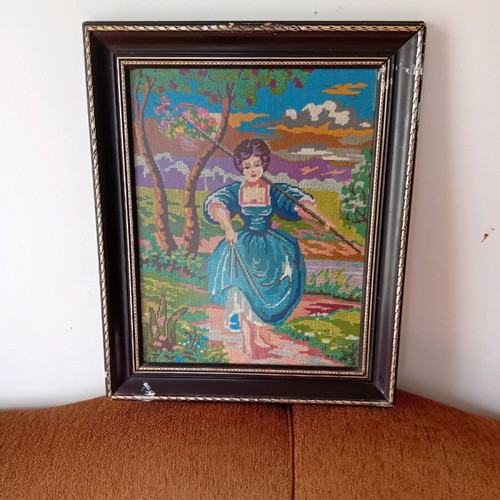 Embroidered painting used 55x45 cm with frame wear