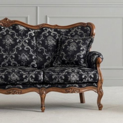Classic living room set with cherry wood and black marble tables