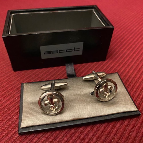Silver Ascot cufflinks in luxury wooden box with Fleur de Lis