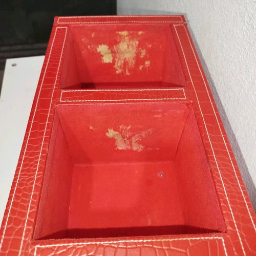 Shelf with red leather upholstery used, 5 compartments for CDs