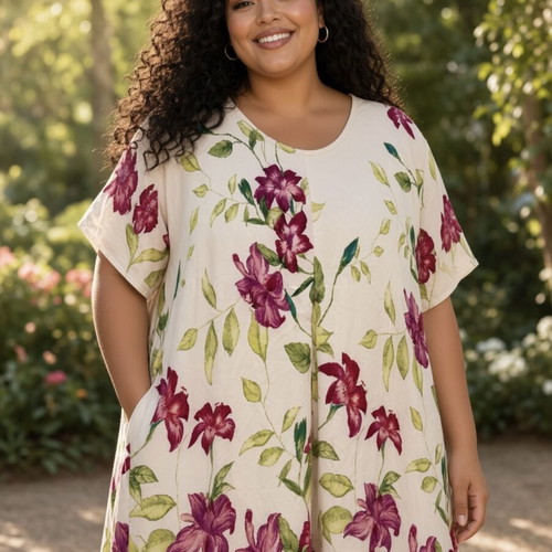 Maxi dress with floral print, ecru and amaranth red