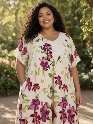 Maxi dress with floral print, ecru and amaranth red