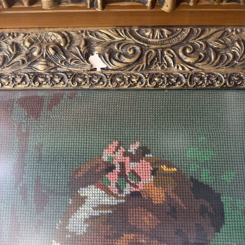 Embroidered antique textile painting used, framed 75x90cm