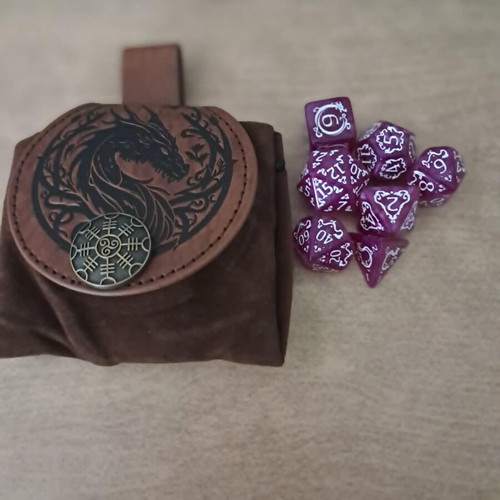 Brown leather dragon dice bag with purple D&D dice set