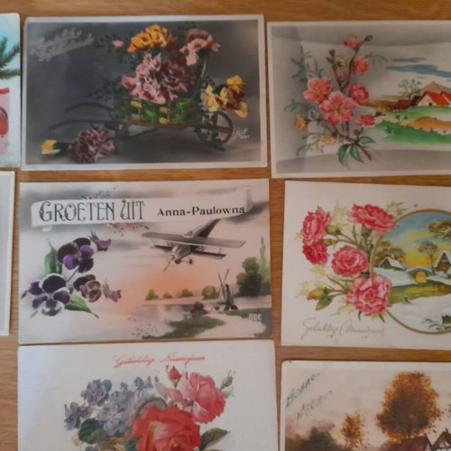Vintage greeting postcards with flowers and landscapes, used, pack of 12