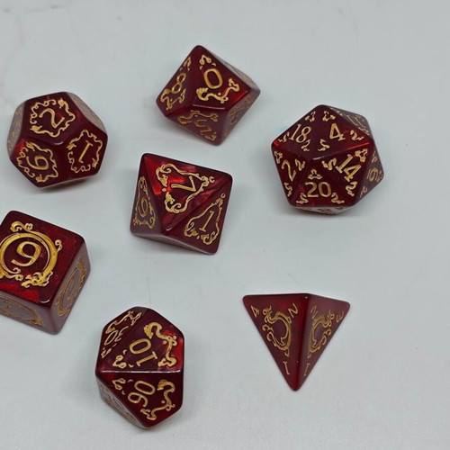 D&D Dragon Pearl Red & Gold Dice Set like new, 7 pieces