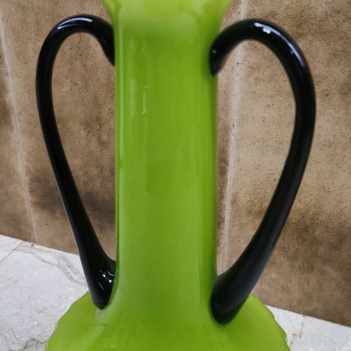 Vintage retro green glass vase like new with black handles