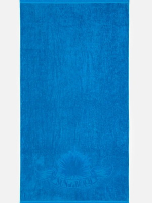 Beach towel like new, blue, 1.80×1 meter with embossed logo and fringes
