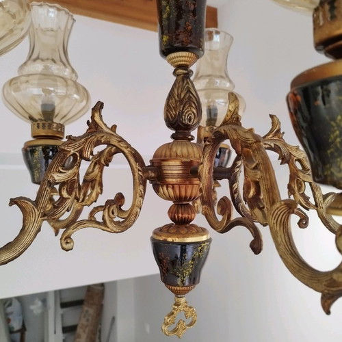 Pair of chandeliers used with ceramic base, five-light and four-light