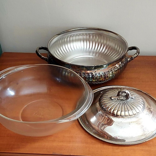 Silver-plated serving dish used, handmade carved