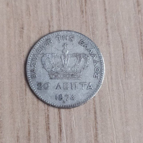 20 Lepta Coin 1874 silver used, very good condition