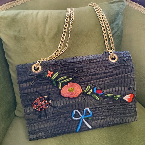 Exe crossbody bag new with embroidery, beads and gold chain
