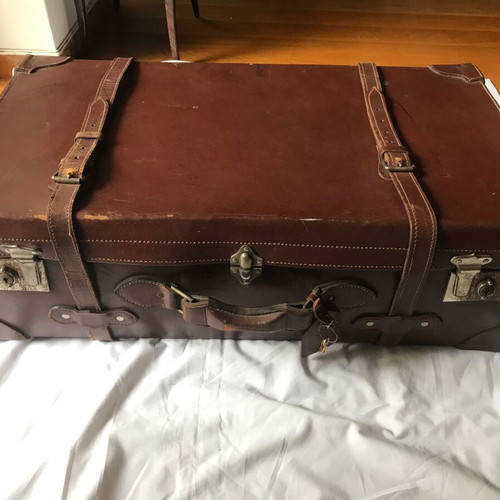 Antique leather suitcase used, handmade, early 20th century