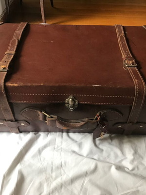 Antique leather suitcase used, handmade, early 20th century