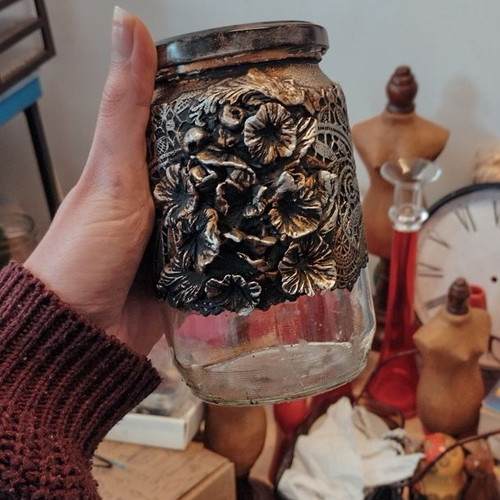 Mixed Media upcycled jar like new with handmade clay elements