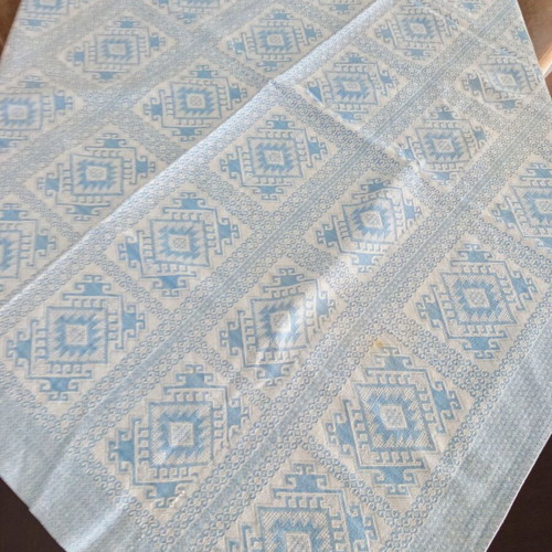Woven Jacquard Tablecloth used, blue with geometric vintage cotton design
