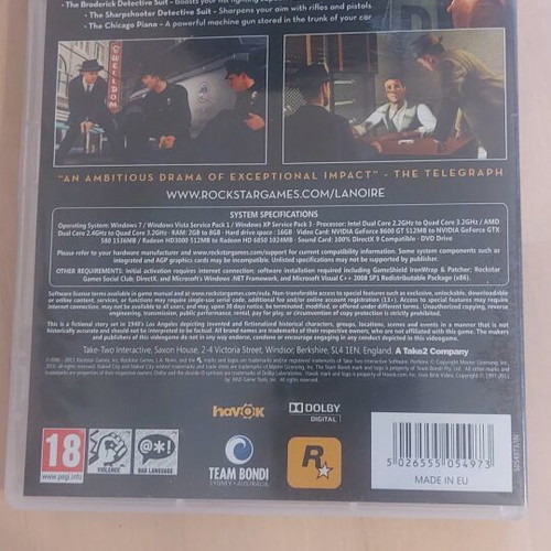 L.A Noire PC game used, official Rockstar game