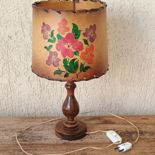 Vintage handmade wooden table lamp with paper shade used