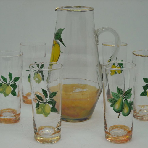 Vintage glass set with pitcher used, fruit print