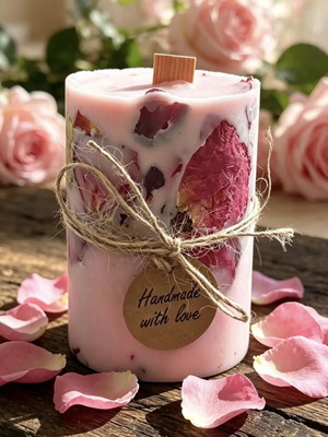 Soy wax scented candle with rose concrete and dried flowers, new