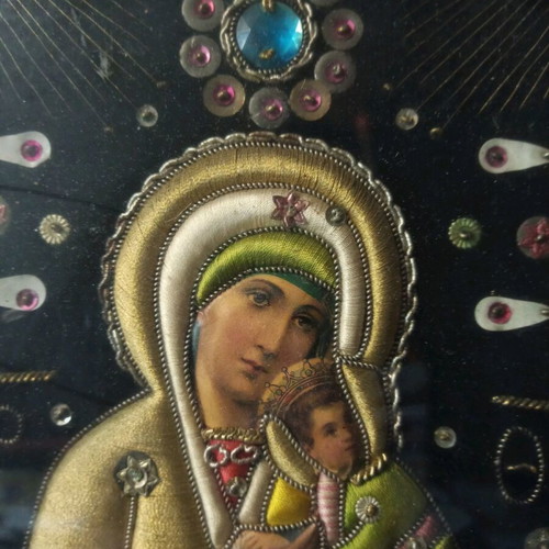Antique Christian icon embroidered with thread
