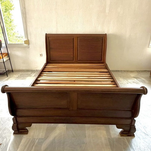 Solid wood bed used, mahogany finish, classic heavy construction