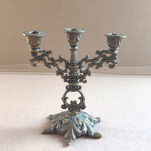 Vintage brass three-arm table candlestick used with neobaroque decoration 1950s