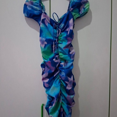 Bershka knee-length elastic dress, blue multicolor