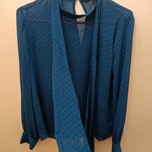 Transparent petrol blouse with polka dots and integrated scarf, like new