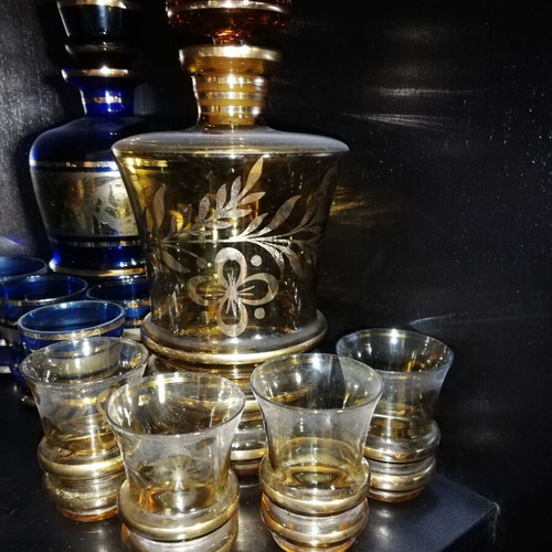 Vintage Amber Glass Liqueur Set with Decanter and Gold Trim like new