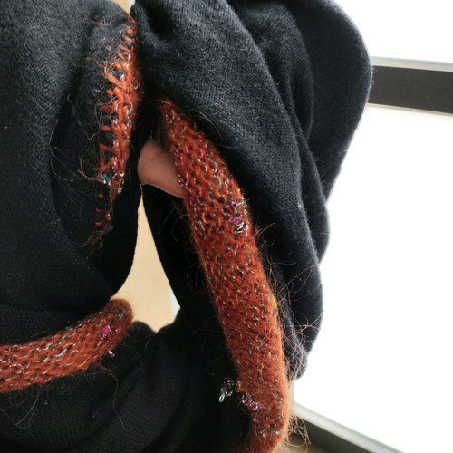 Wool scarf used, black with brown metallic details