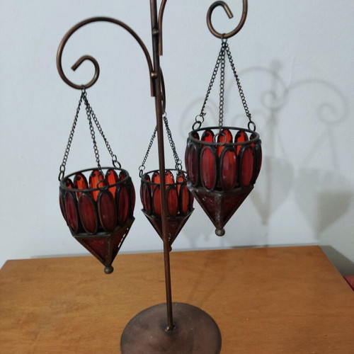 Copper candle holder for tealight table use like new with three hanging holders