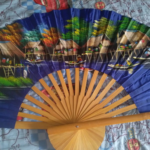 Large decorative hand-painted wall fan 1m by 60cm