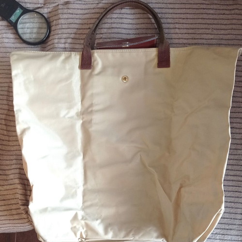 Foldable shopping bag, beige and brown, waterproof material