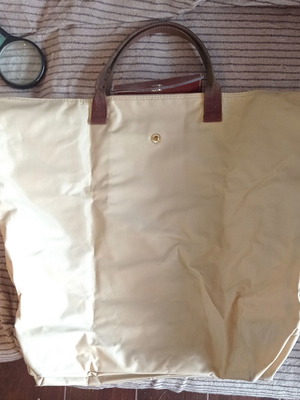 Foldable shopping bag, beige and brown, waterproof material