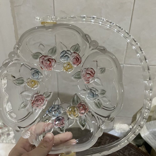 Vintage glass fondantière like new with embossed flowers and plastic handle