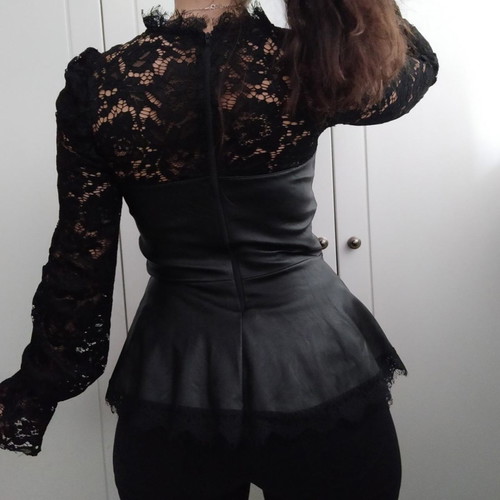 Lace and leatherette blouse used, black, size M
