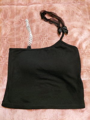 Crop top with cups black with chain and lace at neck like new, one size