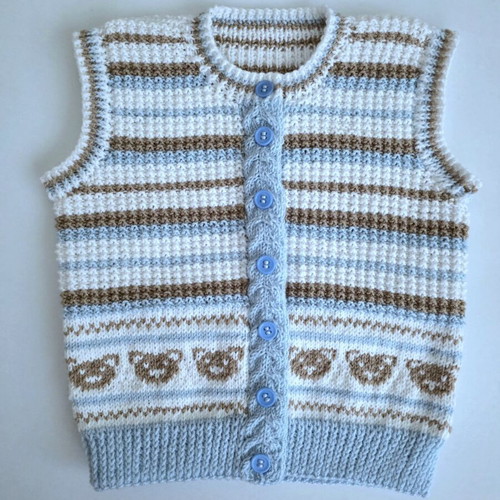 Handmade knitted sleeveless vest with teddy bears, new, unisex 2-3 years