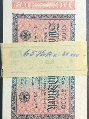 20,000 Mark Reichsbanknote bundle used, 80 notes from 1922 Germany