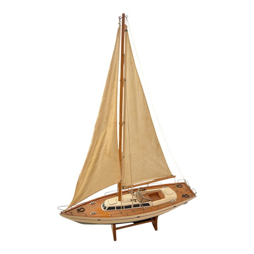 Large wooden sailboat used with stand