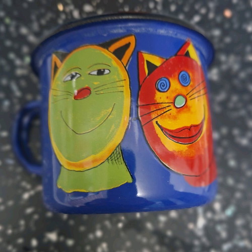 Smaltum enamel mug new with hand-painted cat figures