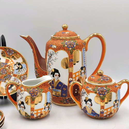 Satsuma Lithophane Geisha Japanese porcelain coffee set like new